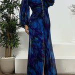 Margovil Off Shoulder Rhinestones Detail Printed Slit Pleated Maxi Dress