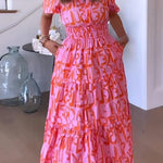 Margovil V Neck Smocked Waist Abstract Print Maxi Swing Dress