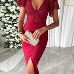 Margovil V Neck Ruffle Sleeves Slit Sequin Midi Party Dress