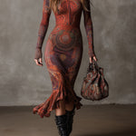 Bohemian Half-zip Ethnic Printed Knitted Fishtail Hem Midi Dress