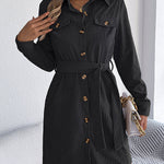 Elasticated Waist Long Sleeves Belted Buttoned Single-Breasted Solid Color Lapel Collar Mini Dresses Shirt Dress