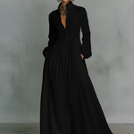 Women's Minimalist Cotton And Linen Patchwork Single-breasted Stand-up Collar Long-sleeved Maxi Dress
