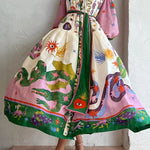 Retro French court style pleated maxi print dress