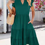 Loose Ruffle Sleeves Pleated Pockets Solid Color Split-Joint V-Neck Midi Dresses