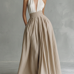 Women's Minimalist White And Khaki Color-blocked Long Dress With A Cinched Waist
