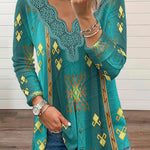 Mexican Past Hippie Ethnic Print Lace Trim Stretch T-shirt