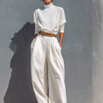 Women's All White Half High Neck Long Sleeve Loose T-shirt Wide Legs Two-piece Set