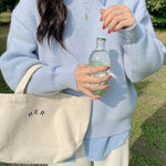 Long Sleeves Loose Solid Color Round-Neck Pullovers Sweater Tops