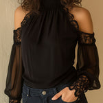 Elegant High Neck Black Chiffon Lace Cold-Shoulder Blouse