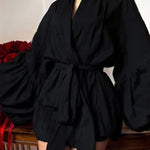 Solid Color Loose Long-sleeved Tie-front Top and Elastic Waist Casual Shorts Set