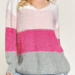 Striped Colorblock V Neck Knitted Fuzzy Sweater