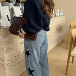 Jessy Denim Mid Rise Side Star Pattern Pocket Wide Leg Jeans