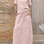 Women'S Casual Solid Color Cotton And Linen Loose Dress Two-Piece Set