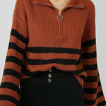 Turtleneck Zipper Striped Cardigan Sweater