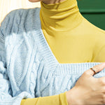 Long Sleeves Plus Size See-Through Solid Color Split-Joint High Neck T-Shirts