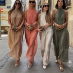 Halter Neck Pleated Loose-fitting Vacation Maxi Dress