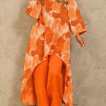 Exquisite Floral Print Crew Neck Paneled Pant Suit