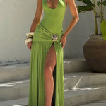 Back Stretch Equipment Bodycon Buckle Pleated Solid Color Split-Joint Split-Side Halter-Neck Maxi Dresses