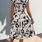 High Waisted Sleeveless Abstract Printed Contrast Color Pleated Polka-Dot Split-Joint Tied Waist Round-Neck Midi Dresses