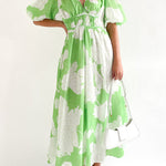 Elegant V-neck slim waist large swing skirt printed dress
