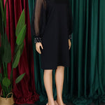 Puff Sleeves Beads Mesh Solid Color Split-Joint Round-neck Midi Dresses