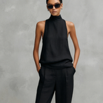 Women's Elegant Black Cotton And Linen Round-neck Sleeveless Top And Trousers Set