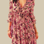 Pastel Red Floral Print Ruffle Trim Plunge Neckline Maxi Dress