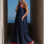 A-Line Loose Pleated Pockets Split-Joint Tied One-Shoulder Maxi Dresses