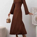 Long Sleeves Pleated Ruffled Solid Color Split-Joint Round-Neck Maxi Dresses