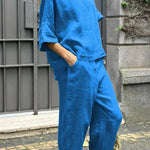 Casual Solid Color Crewneck Top & Pants Cotton Linen Two-piece Set