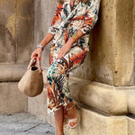 Tropical Plant Print V-Neck Twisted Waist Slit Maxi Dress