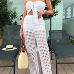 Riley Knit Front Knotted Bandeau and Stretch Hollow Out Wide Leg Pants Set