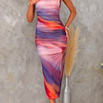 Side Split Ruched Mesh Tie Dye Midi Cami Dress