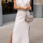 Cowl Neck Waisted Side Slit Midi Sweater Dress
