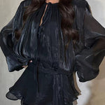 Margovil Lantern Long Sleeves Draped Ruffle Layered Mini Dress with Shorts