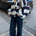 Margovil Lantern Sleeves Button Down Color Block Stripes Sweater with Scarf