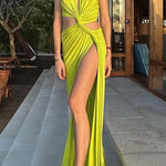 Margovil V Neck Knot Front Cut Out High Slit Sleeveless Maxi Dress