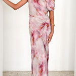 Asymmetric One Shoulder Ruched Waist Print Maxi Dress