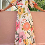 Margovil Square Collar Puff Sleeves Floral Print Cotton Linen Ruffle Maxi Dress