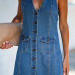 Margovil V Neck Buttons Racerback Sleeveless Denim Dress
