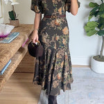 V Neck Puff Short Sleeves Floral Print Midi Dress