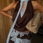 Sunday Social Contrast Color Satin Lace Trim Neck Strap Loose Tank