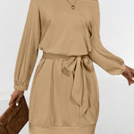 Long Sleeves Loose Elasticity Solid Color Tied Waist One-Shoulder Mini Dresses