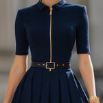 Navy Collared Zip-Front Pleated Mini Dress