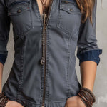 Vintage Washed Zip-up Long-sleeved Denim Shirt