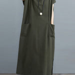 Simple Ramie Cotton Solid Color Split-Side With Pocket V-Neck Short Sleeves Maxi Dress