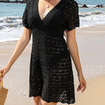 Loose Short Sleeves Hollow See-Through Solid Color Deep V-Neck Mini Dresses