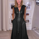 A-Line Elasticated Waist Pockets Solid Color Split-Joint Zipper V-Neck Midi Dresses