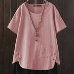 Women'S Solid Color Cotton And Linen Round Neck Button Short Sleeve Irregular Slit At Hem Button Blouse
