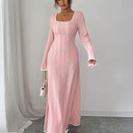 A-Line Bodycon Ribbed Knit Split-Joint Square-Neck Maxi Dresses